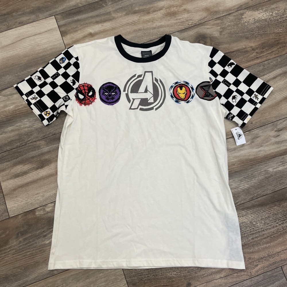 Marvel Avengers Shirt Mens M Checkered Sleeve Graphic Disney Character Tee NWT